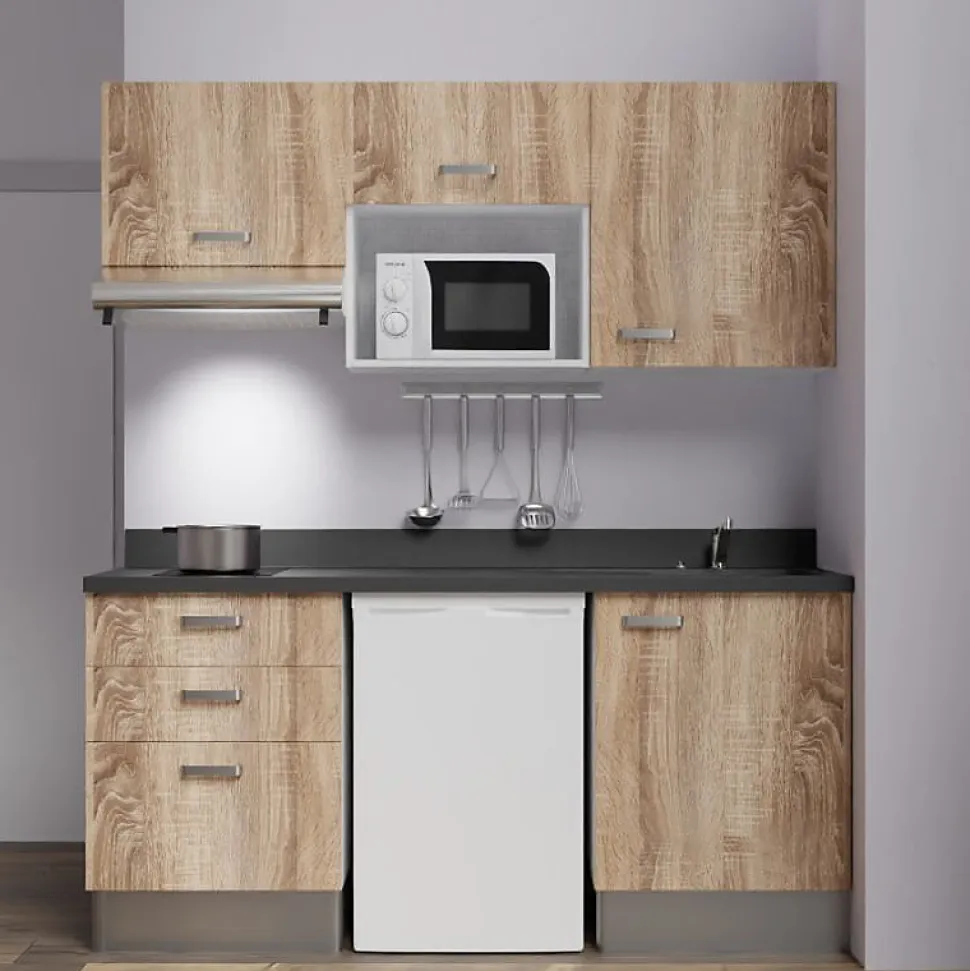 Kitchenette K20 - 180 cm - façades Bois - Plan monobloc en quartz coloris Nero évier à droite