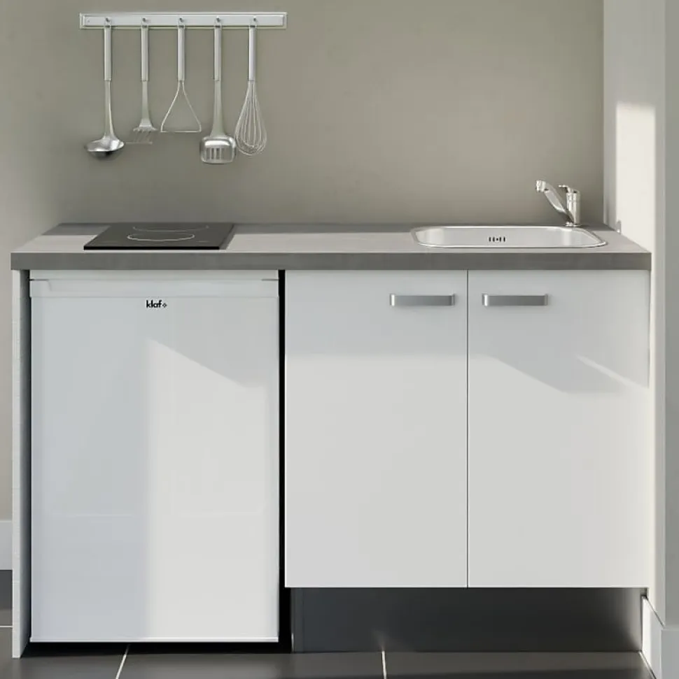 Kitchenette K17 - 140 cm - Façades : Blanc - Plan de travail : Gris - Crédences : Non - Evier
