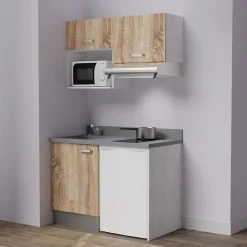 Kitchenette K02 - 120 cm - façades Bois - Plan monobloc en quartz coloris Cromo évier à gauche