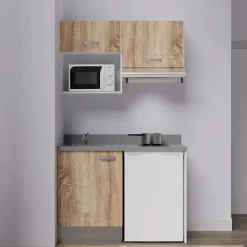 Kitchenette K02 - 120 cm - façades Bois - Plan monobloc en quartz coloris Cromo évier à gauche
