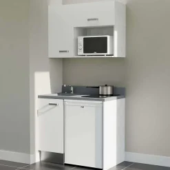 Kitchenette K00 - 100 cm - façades Blanc - Plan monobloc en quartz coloris Cromo évier à gauche - Electroménager Blanc