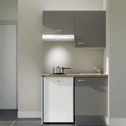 Kitchenette K01 - 120 cm - Façades : Gris - Plan de travail : Bois - Crédences : Non - Evier Inox