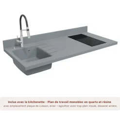 Kitchenette K13 - 140 cm - façades Gris - Plan monobloc en quartz coloris Cromo évier à gauche