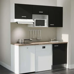Kitchenette K55 - 180 cm - Façades : Noir - Plan de travail : Bois - Crédences : Non - Evier