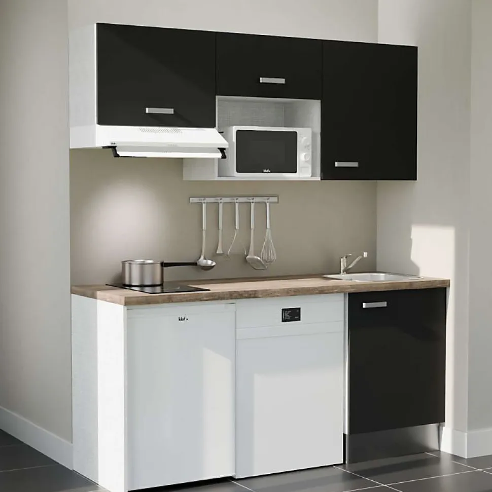 Kitchenette K55 - 180 cm - Façades : Noir - Plan de travail : Bois - Crédences : Non - Evier
