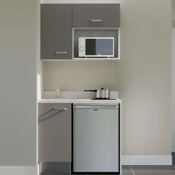 Kitchenette K00 - 100 cm - façades Gris - Plan monobloc en quartz coloris Snova évier à gauche - Electroménager Inox