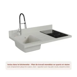 Kitchenette K00 - 100 cm - façades Gris - Plan monobloc en quartz coloris Snova évier à gauche - Electroménager Inox