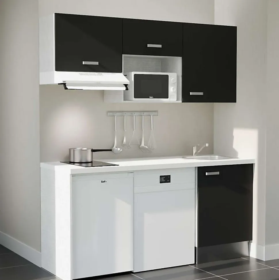 Kitchenette K55 - 180 cm - Façades : Noir - Plan de travail : Blanc - Crédences : Non - Evier