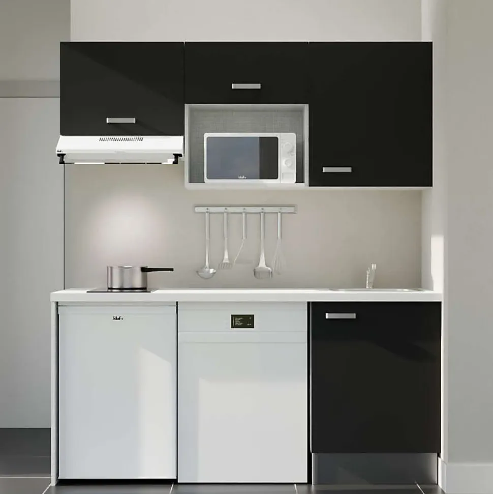 Kitchenette K55 - 180 cm - Façades : Noir - Plan de travail : Blanc - Crédences : Non - Evier