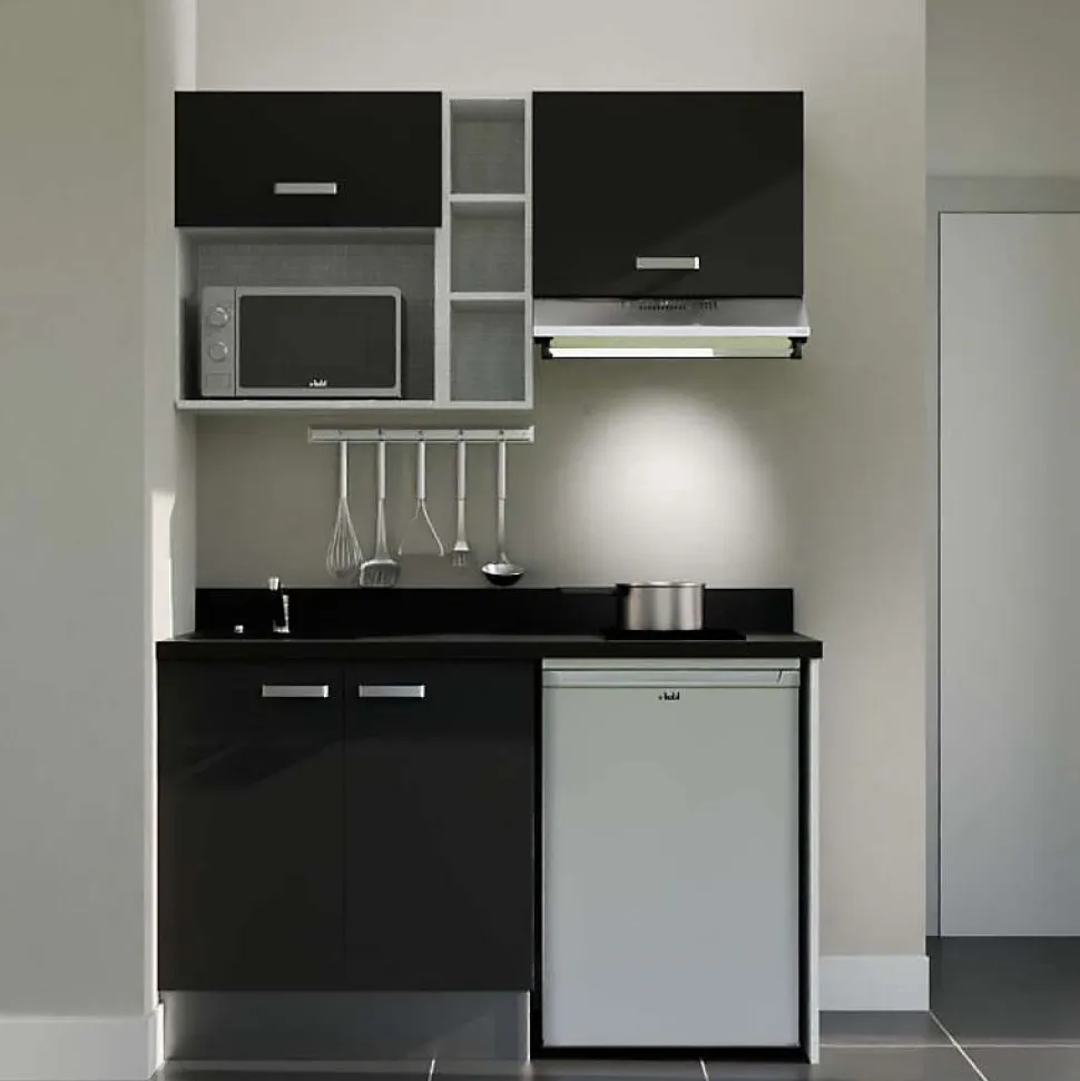 Kitchenette K13 - 140 cm - façades Noir - Plan monobloc en quartz coloris Nero évier à gauche - Electroménager Inox