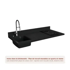 Kitchenette K13 - 140 cm - façades Noir - Plan monobloc en quartz coloris Nero évier à gauche - Electroménager Inox