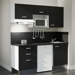 Kitchenette K20 - 180 cm - Façades : Noir - Plan de travail : Noir - Crédences : Oui - Evier