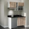 Kitchenette K13 - 140 cm - façades Bois - Plan monobloc en quartz coloris Nero évier à droite - Electroménager Inox
