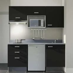Kitchenette K20 - 180 cm - façades Noir - Plan monobloc en quartz coloris Cromo évier à droite - Electroménager Inox