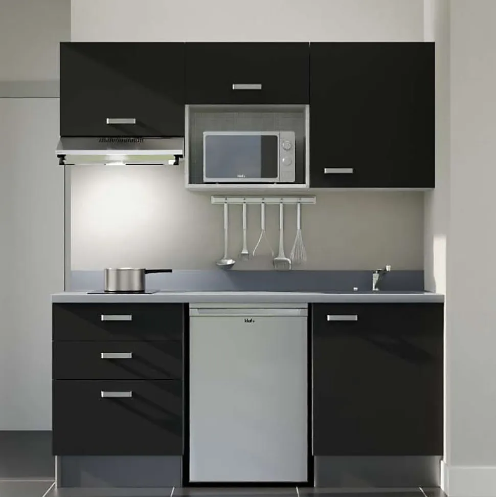 Kitchenette K20 - 180 cm - façades Noir - Plan monobloc en quartz coloris Cromo évier à droite - Electroménager Inox