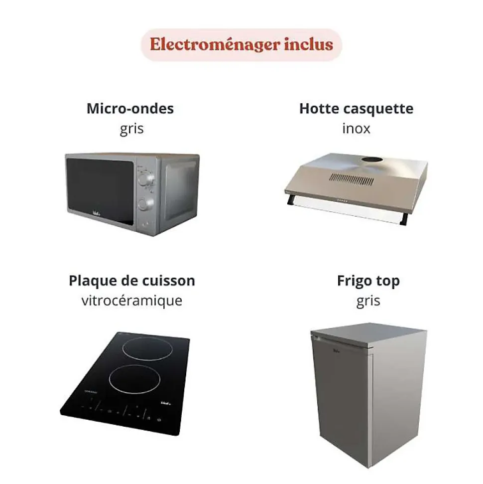 Kitchenette K20 - 180 cm - façades Noir - Plan monobloc en quartz coloris Cromo évier à droite - Electroménager Inox
