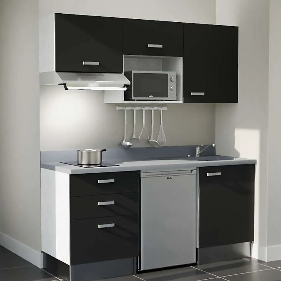 Kitchenette K20 - 180 cm - façades Noir - Plan monobloc en quartz coloris Cromo évier à droite - Electroménager Inox