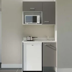 Kitchenette K00 - 100 cm - façades Gris - Plan monobloc en quartz coloris Snova évier à droite - Electroménager Blanc