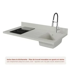 Kitchenette K01 - 120 cm - façades Bois - Plan monobloc en quartz coloris Snova évier à droite - Electroménager Inox