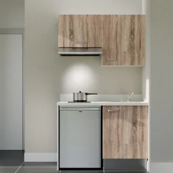 Kitchenette K01 - 120 cm - façades Bois - Plan monobloc en quartz coloris Snova évier à droite - Electroménager Inox