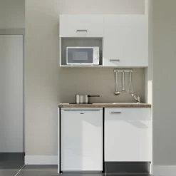 Kitchenette K07 - 120 cm - Façades : Blanc - Plan de travail : Bois - Crédences : Non - Evier Inox