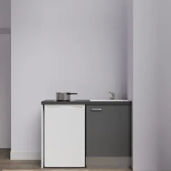 Kitchenette K08 - 120 cm - Façades : Gris - Plan de travail : Noir texturé - Crédences : Non - Evier Blanc