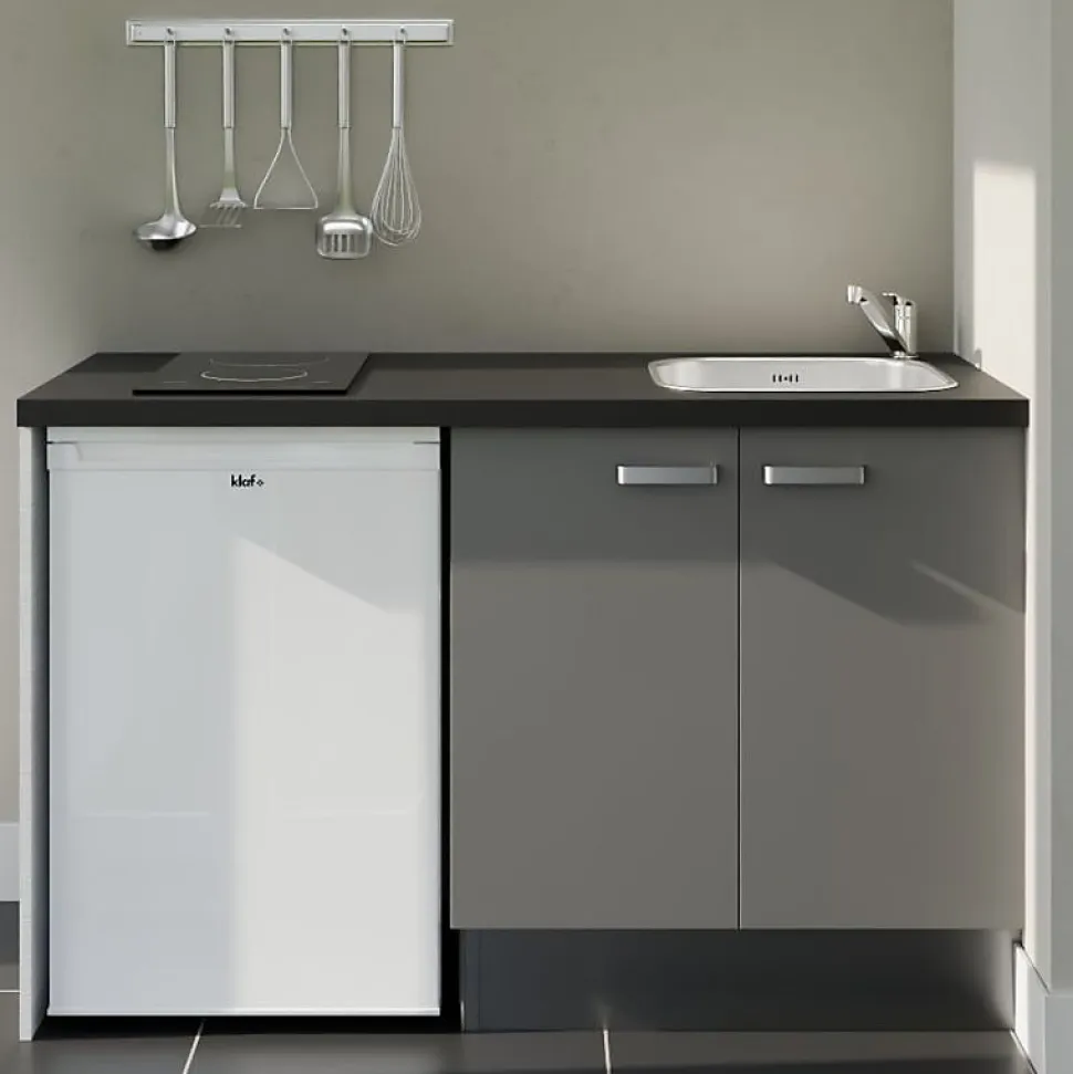 Kitchenette K17 - 140 cm - Façades : Gris - Plan de travail : Noir - Crédences : Non - Evier
