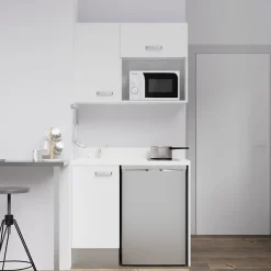 Kitchenette K00 - 100 cm - façades Blanc - Plan monobloc en quartz coloris Snova évier à gauche