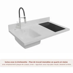 Kitchenette K00 - 100 cm - façades Blanc - Plan monobloc en quartz coloris Snova évier à gauche