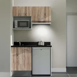 Kitchenette K02 - 120 cm - façades Bois - Plan monobloc en quartz coloris Nero évier à gauche - Electroménager Inox