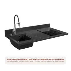 Kitchenette K02 - 120 cm - façades Bois - Plan monobloc en quartz coloris Nero évier à gauche - Electroménager Inox