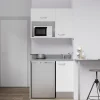 Kitchenette K00 - 100 cm - façades Blanc - Plan monobloc en quartz coloris Cromo évier à droite