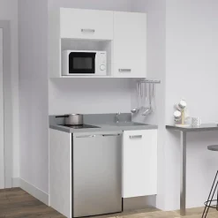 Kitchenette K00 - 100 cm - façades Blanc - Plan monobloc en quartz coloris Cromo évier à droite