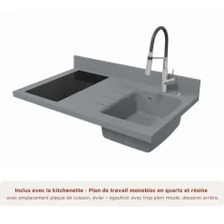 Kitchenette K00 - 100 cm - façades Blanc - Plan monobloc en quartz coloris Cromo évier à droite