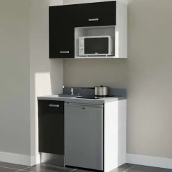 Kitchenette K00 - 100 cm - façades Noir - Plan monobloc en quartz coloris Cromo évier à gauche - Electroménager Inox