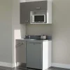Kitchenette K00 - 100 cm - façades Gris - Plan monobloc en quartz coloris Cromo évier à gauche - Electroménager Inox