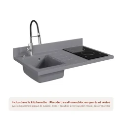 Kitchenette K00 - 100 cm - façades Gris - Plan monobloc en quartz coloris Cromo évier à gauche - Electroménager Inox