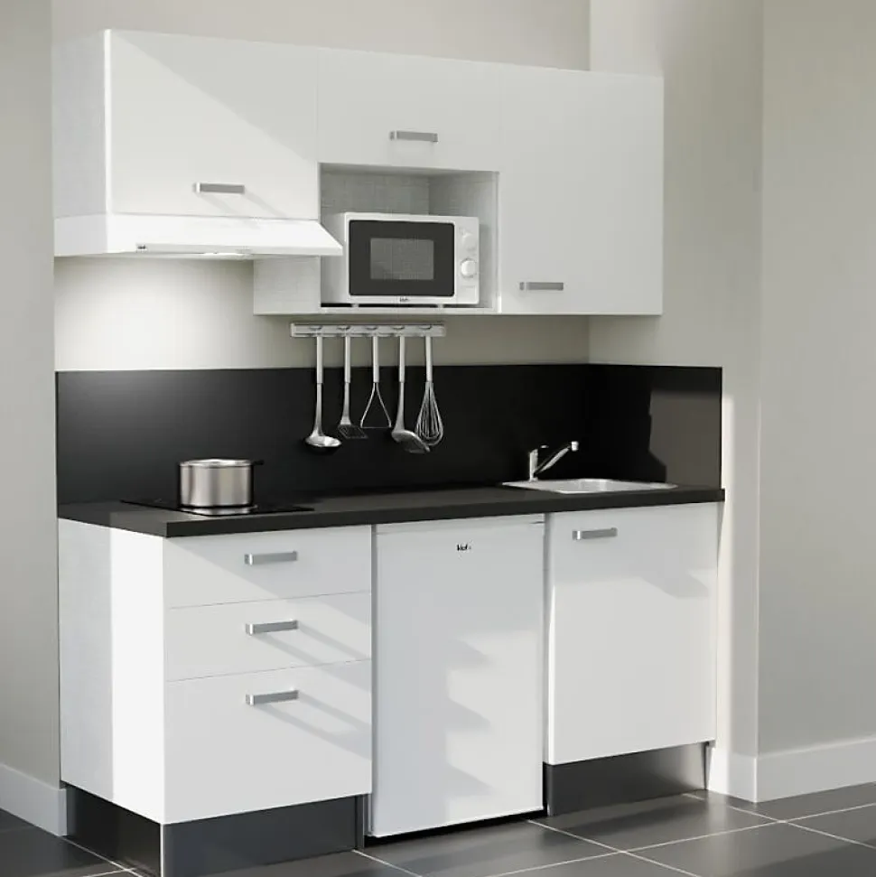 Kitchenette K20 - 180 cm - Façades : Blanc - Plan de travail : Noir - Crédences : Oui - Evier