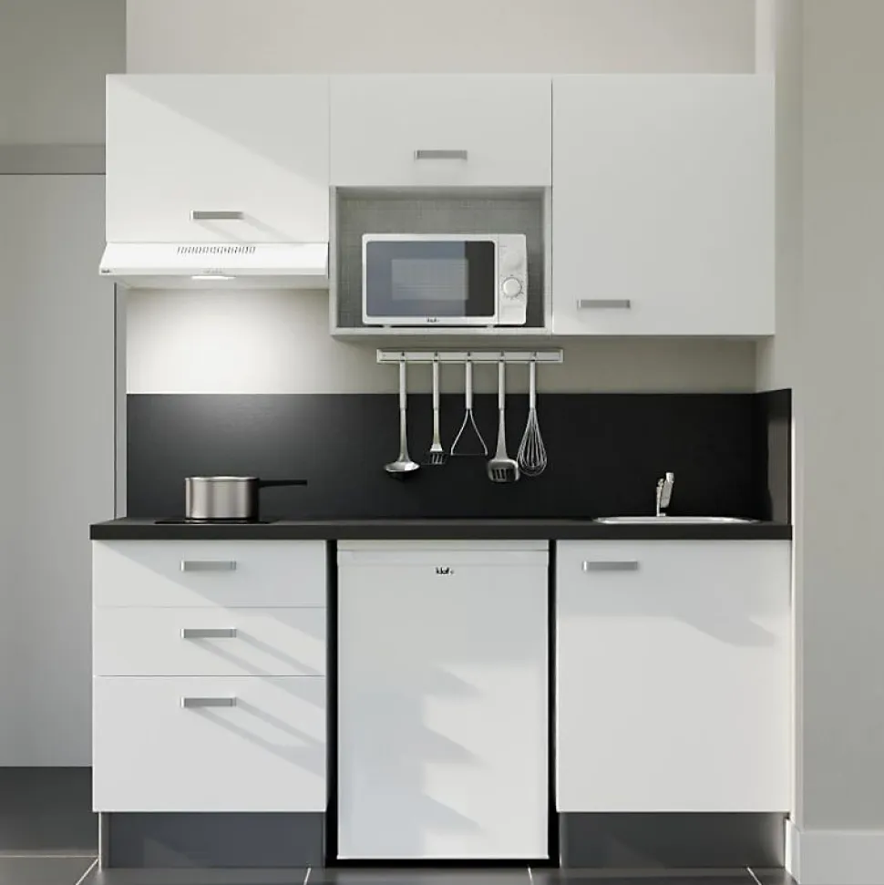 Kitchenette K20 - 180 cm - Façades : Blanc - Plan de travail : Noir - Crédences : Oui - Evier