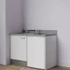 Kitchenette K08 - 120 cm - façades Blanc - Plan monobloc en quartz coloris Cromo évier à gauche
