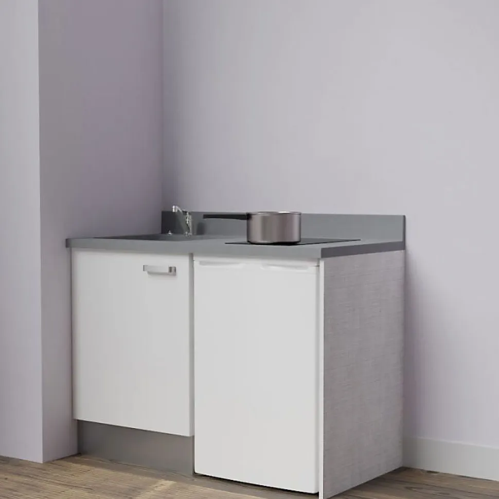 Kitchenette K08 - 120 cm - façades Blanc - Plan monobloc en quartz coloris Cromo évier à gauche