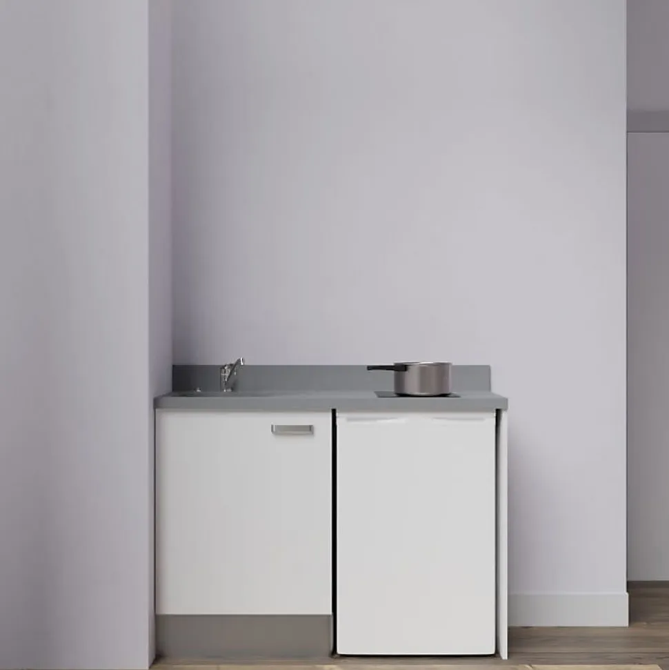 Kitchenette K08 - 120 cm - façades Blanc - Plan monobloc en quartz coloris Cromo évier à gauche