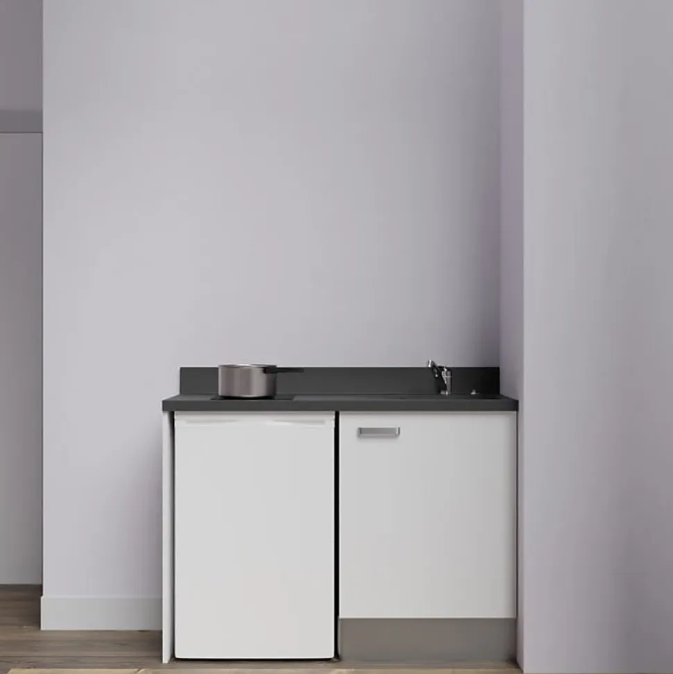 Kitchenette K08 - 120 cm - façades Blanc - Plan monobloc en quartz coloris Nero évier à droite