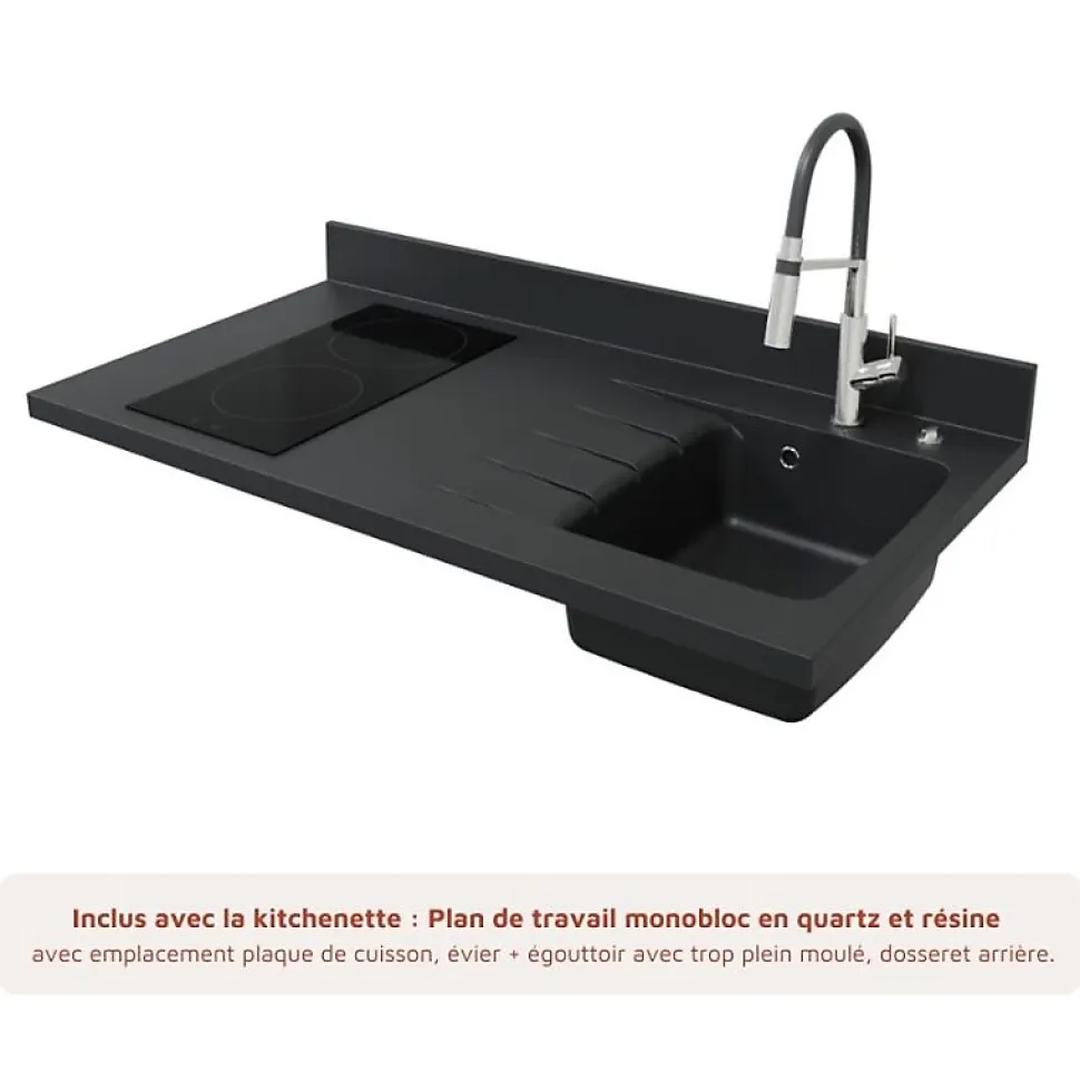 Kitchenette K08 - 120 cm - façades Blanc - Plan monobloc en quartz coloris Nero évier à droite