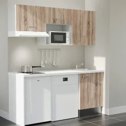 Kitchenette K55 - 180 cm - Façades : Bois - Plan de travail : Blanc - Crédences : Non - Evier