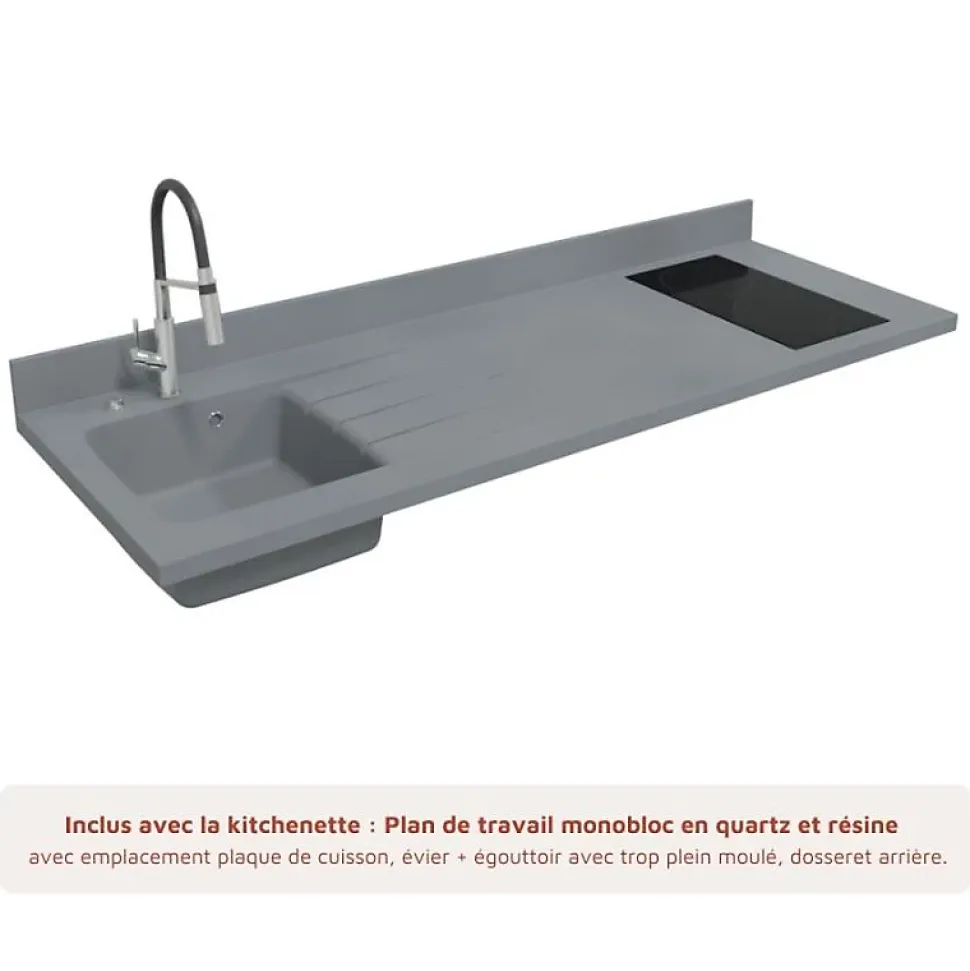 Kitchenette K55 - 180 cm - façades Bois - Plan monobloc en quartz coloris Cromo évier à gauche