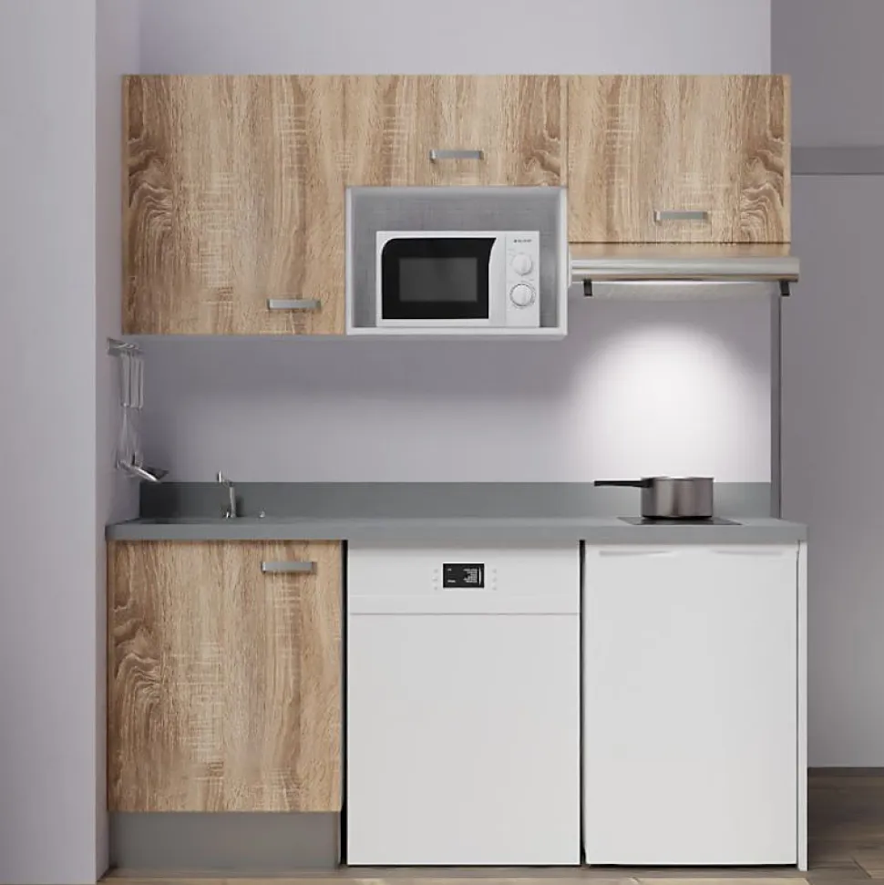 Kitchenette K55 - 180 cm - façades Bois - Plan monobloc en quartz coloris Cromo évier à gauche