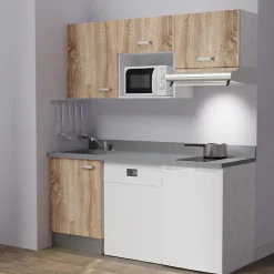 Kitchenette K55 - 180 cm - façades Bois - Plan monobloc en quartz coloris Cromo évier à gauche