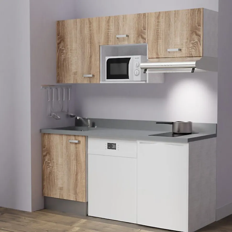 Kitchenette K55 - 180 cm - façades Bois - Plan monobloc en quartz coloris Cromo évier à gauche