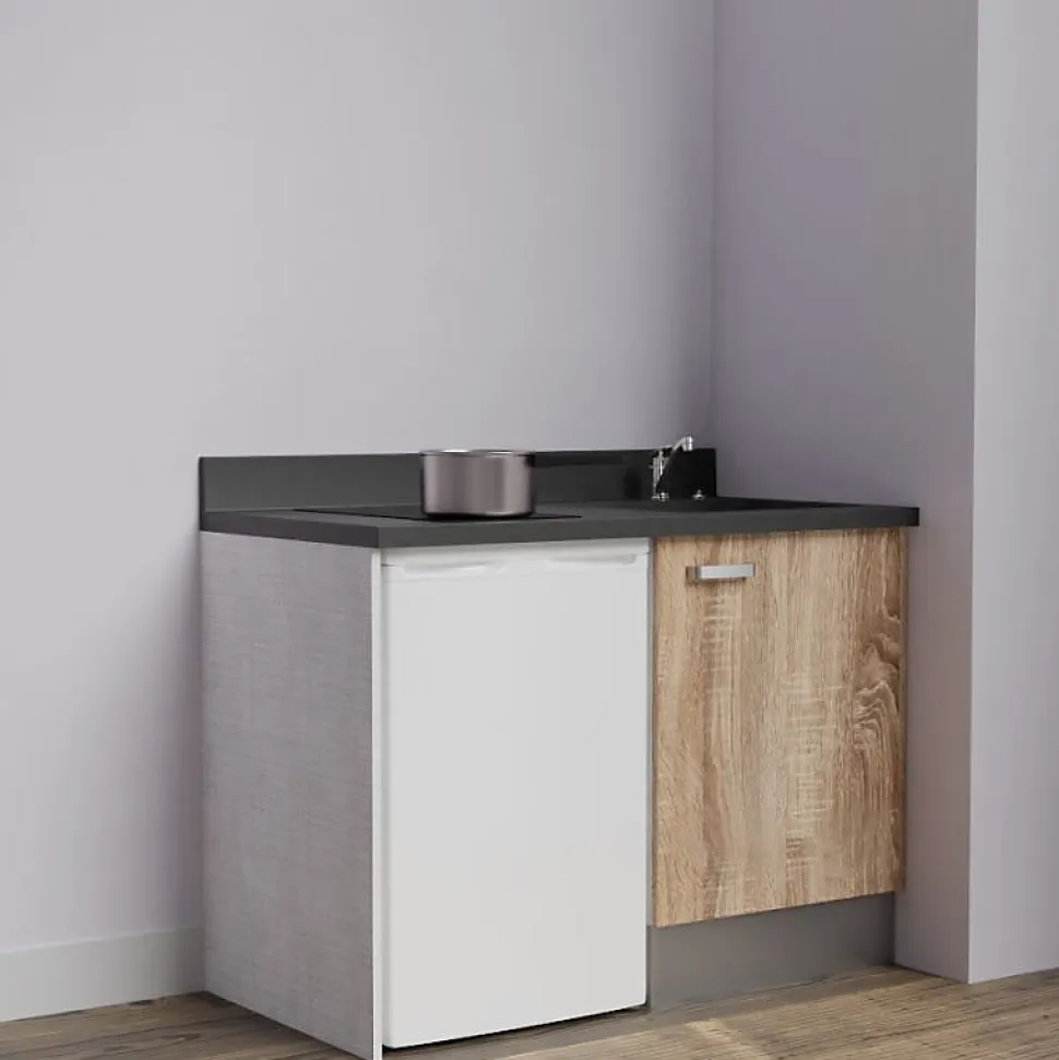 Kitchenette K08 - 120 cm - façades Bois - Plan monobloc en quartz coloris Nero évier à droite